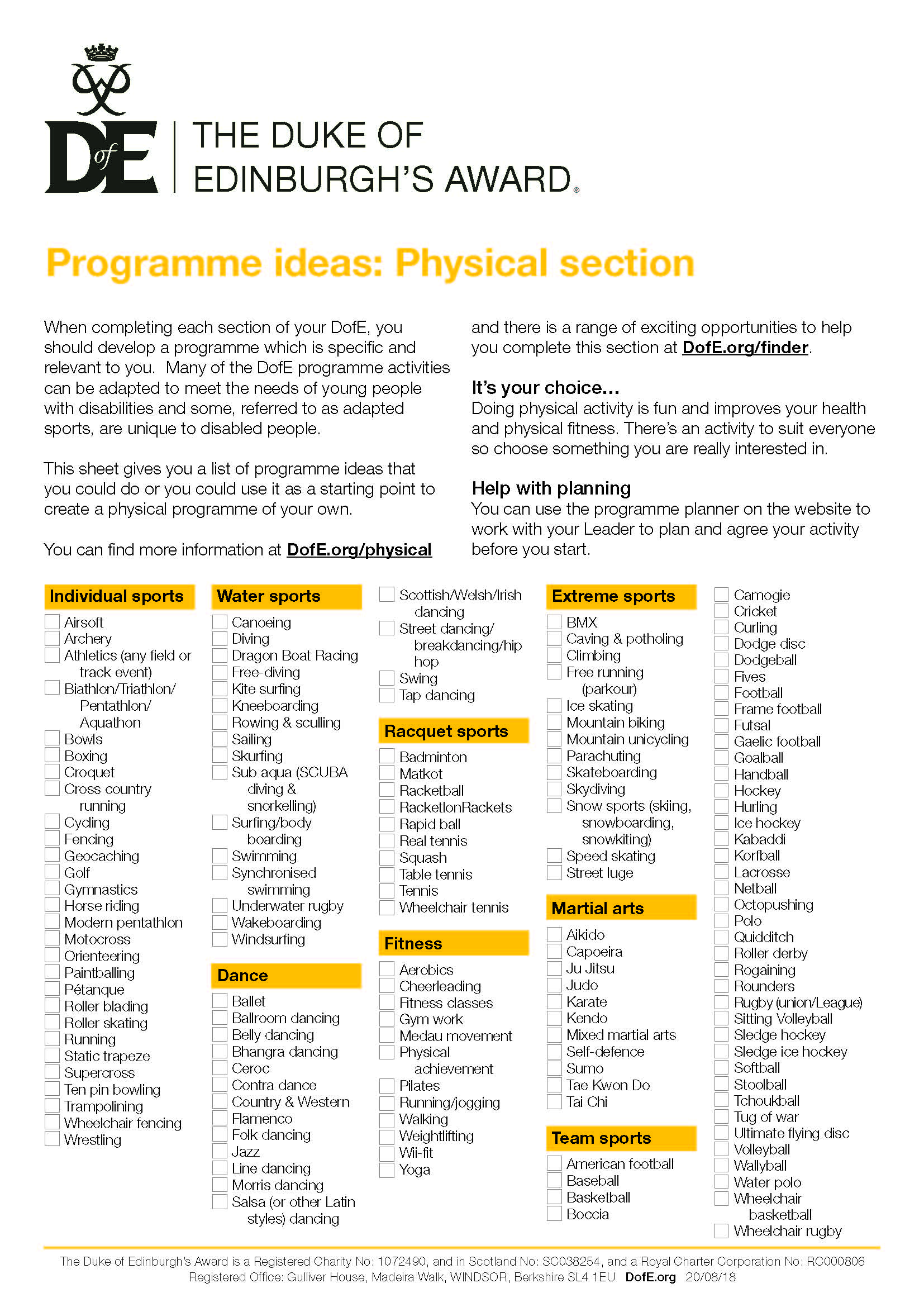 programme ideas - Physical Section